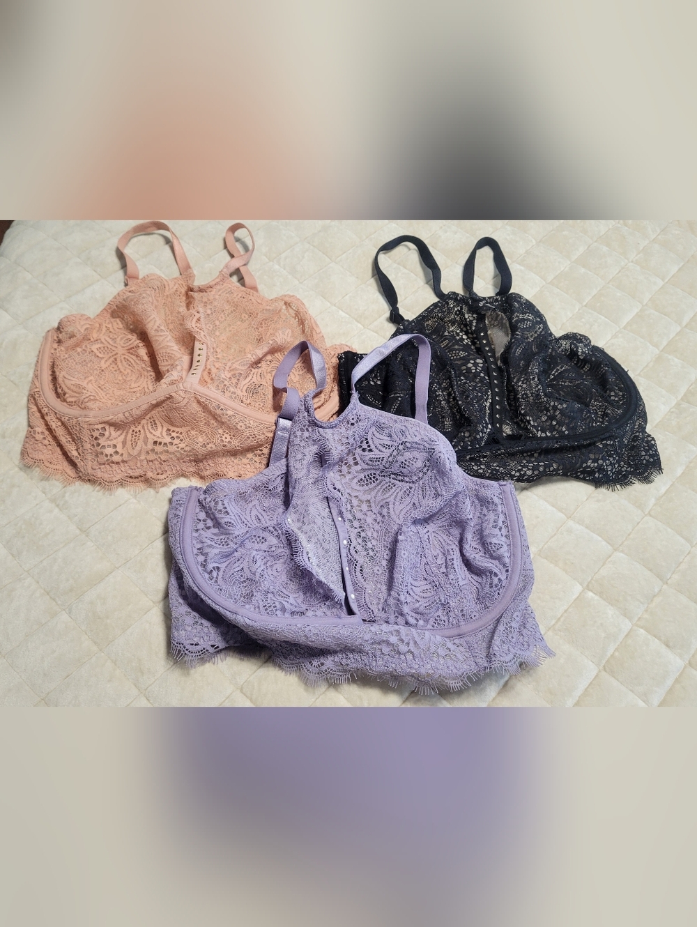 3 Victoria's Secret Black, Blush, And Lavender Lace Halter Bralette